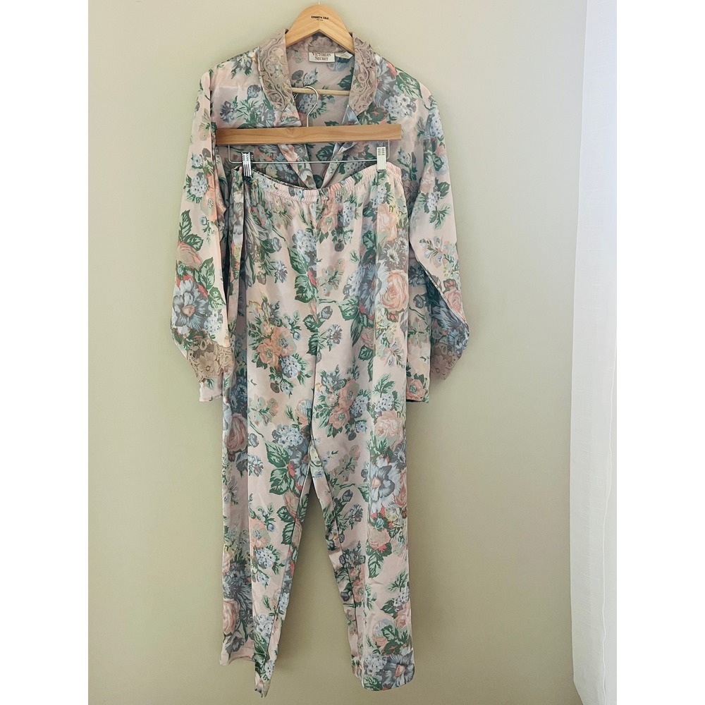 Vintage Victorias Secret Satin Pajama Set Floral Lace Trim Gold Label Pink P